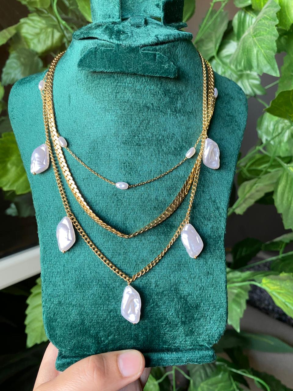 Triple-Layer Gold Chain & Baroque Pearl Necklace